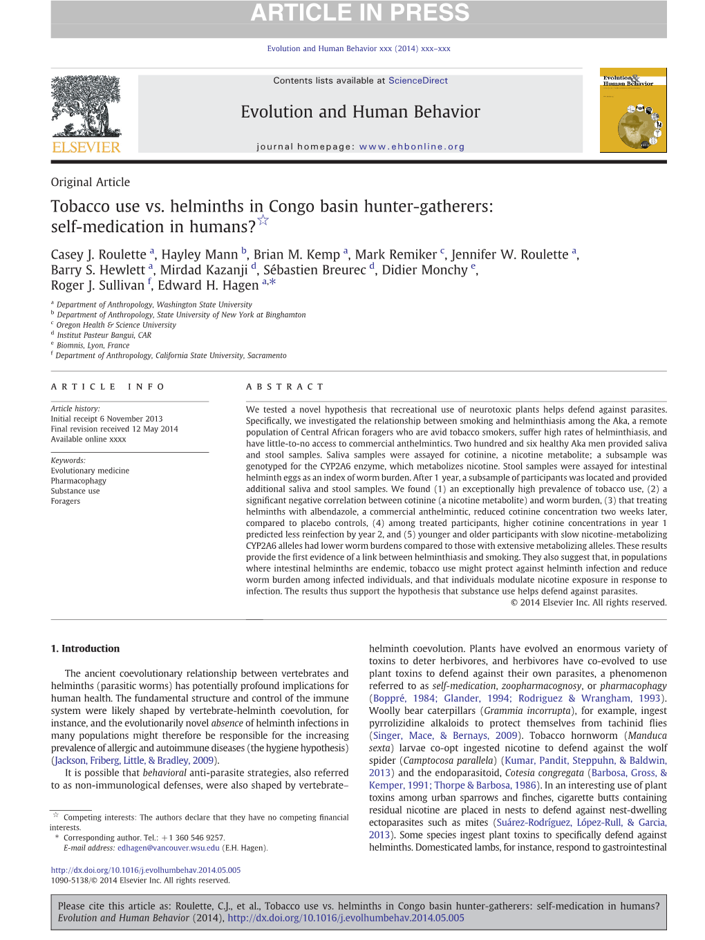 Tobacco Use Vs. Helminths in Congo Basin Hunter-Gatherers: Self-Medication in Humans?☆