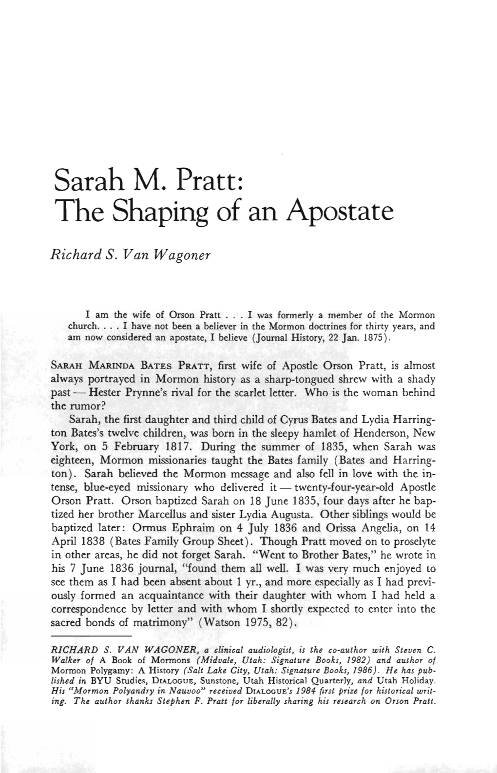 Sarah M Pratt: the Shaping of an Apostate