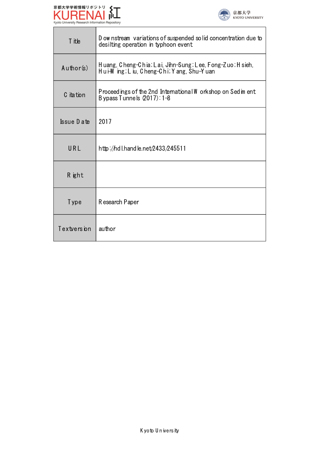 Title Downstream Variations of Suspended Solid Concentration Due to Desilting Operation in Typhoon Event Author(S) Huang, Cheng