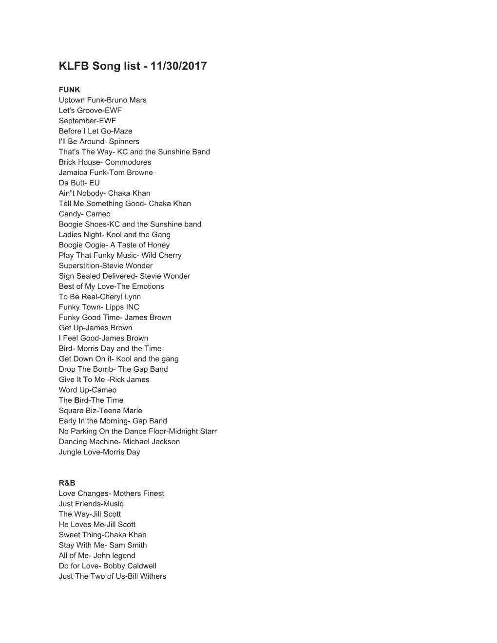 KLFB Song List - 11/30/2017
