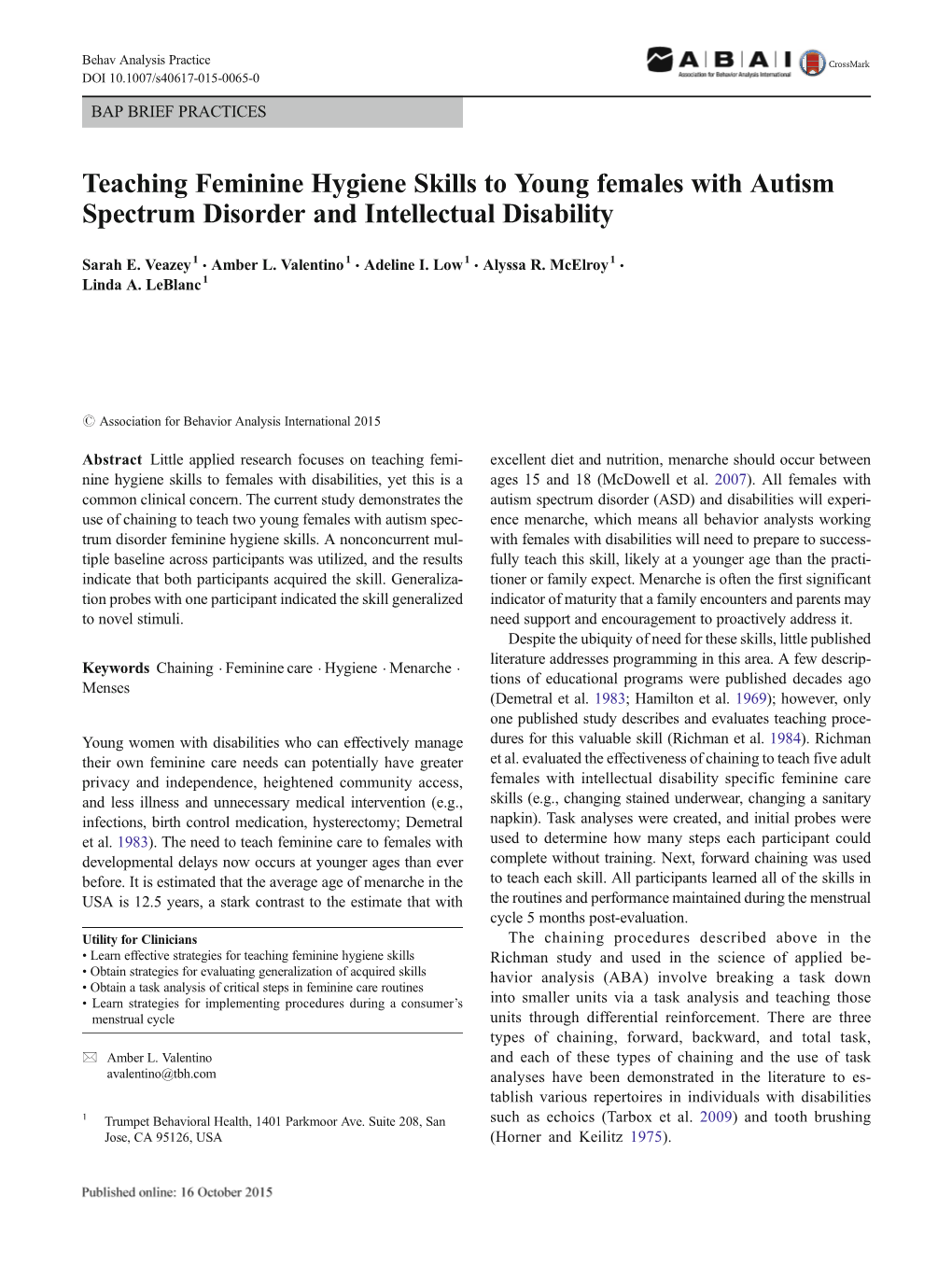 Teaching Feminine Hygiene Skills to Young Females with Autism Spectrum Disorder and Intellectual Disability