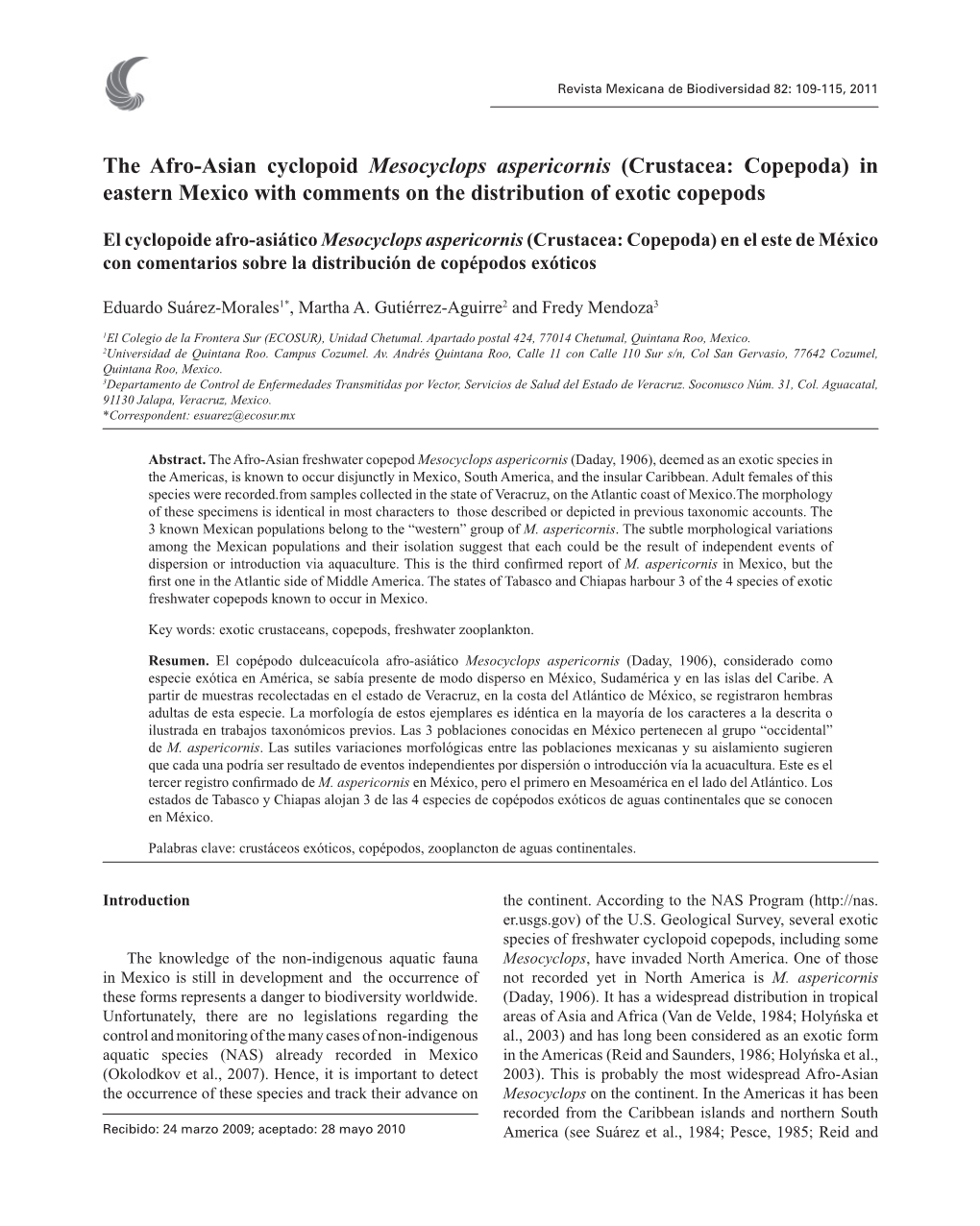 The Afro-Asian Cyclopoid Mesocyclops Aspericornis (Crustacea: Copepoda) in Eastern Mexico with Comments on the Distribution of Exotic Copepods
