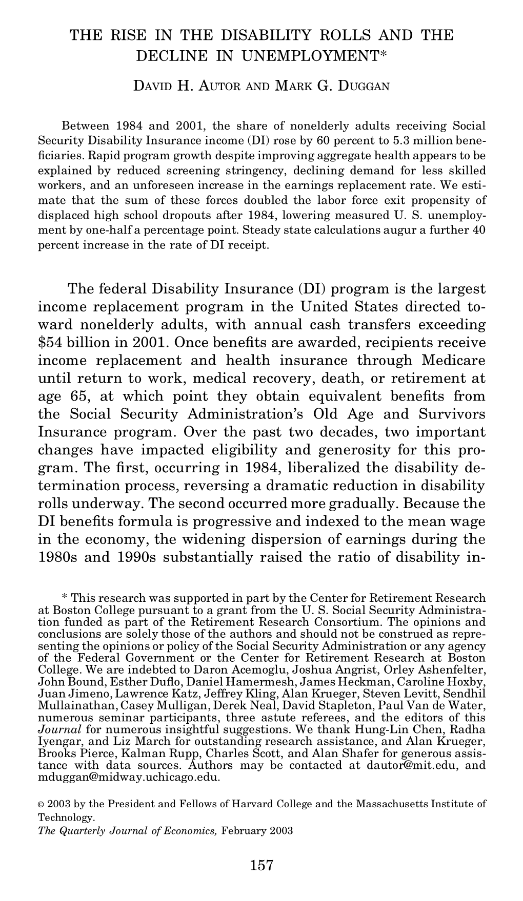 The Rise in the Disability Rolls and the Decline in Unemployment* David H