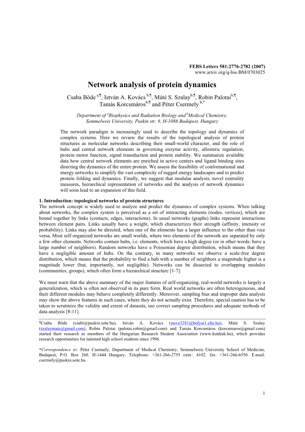 Network Analysis of Protein Dynamics