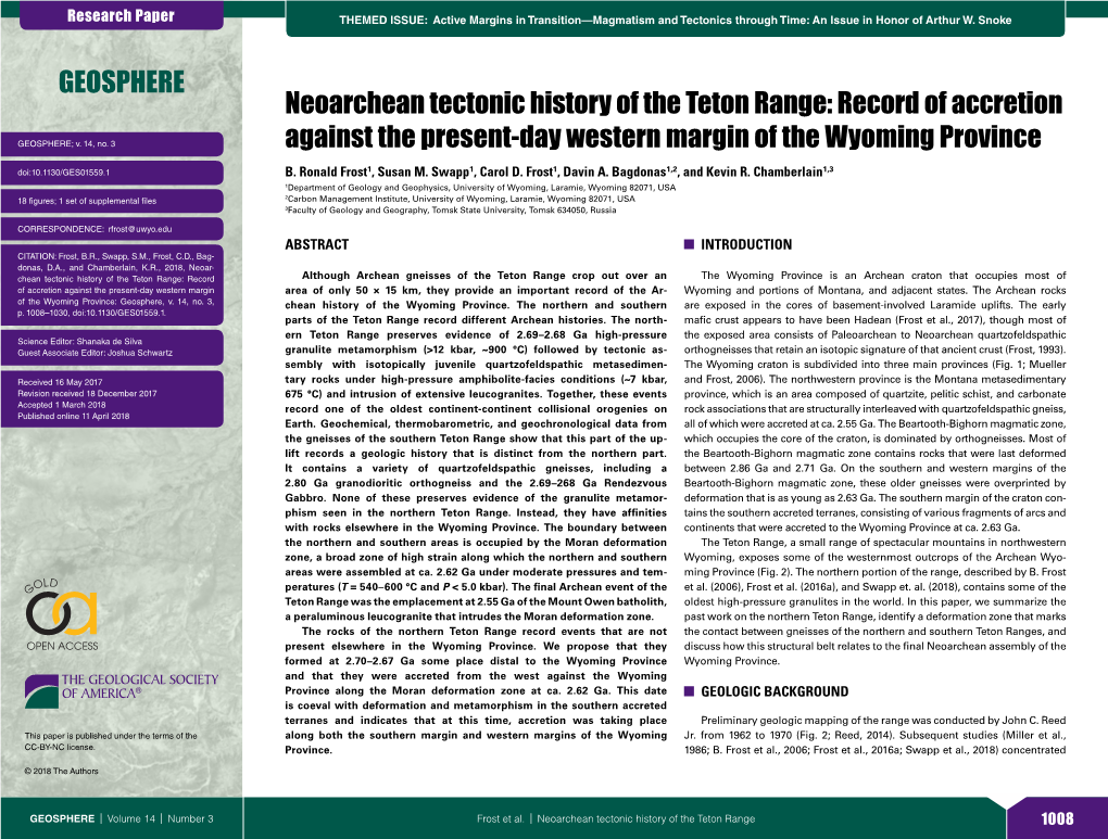 Neoarchean Tectonic History of the Teton Range: Record of Accretion