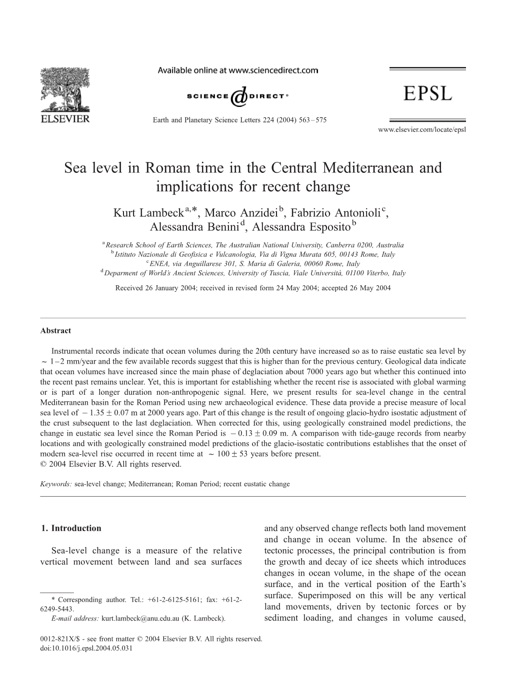 Sea Level in Roman Time in the Central Mediterranean and Implications for Recent Change