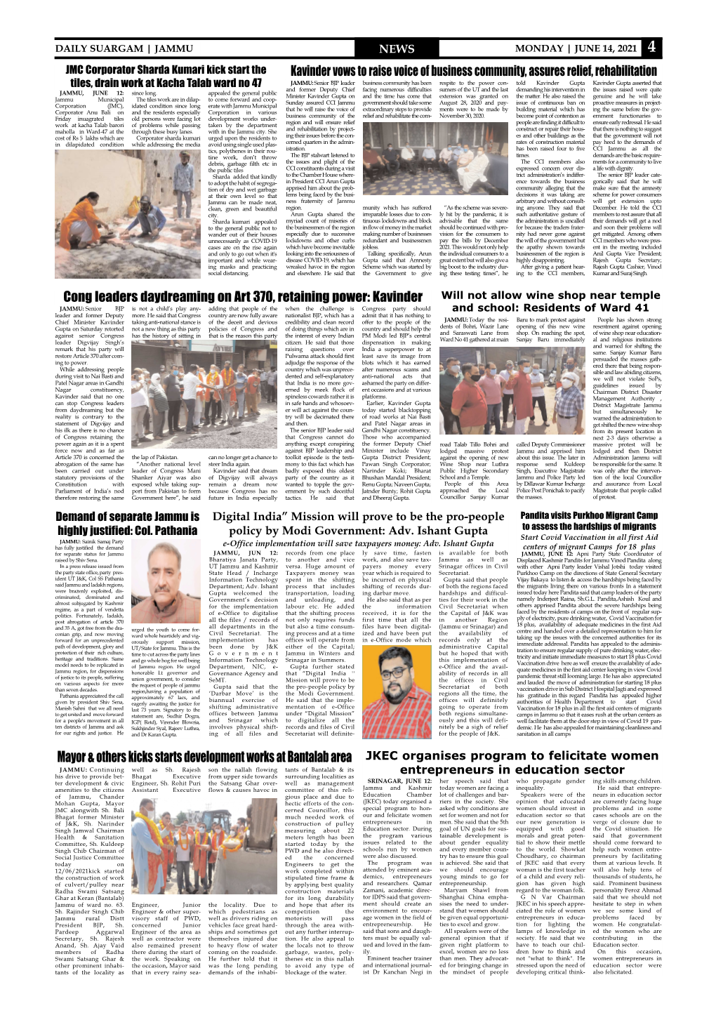 Kavinder Vows to Raise Voice of Business Community, Assures Relief, Rehabilitation Cong Leaders Daydreaming on Art 370, Retainin