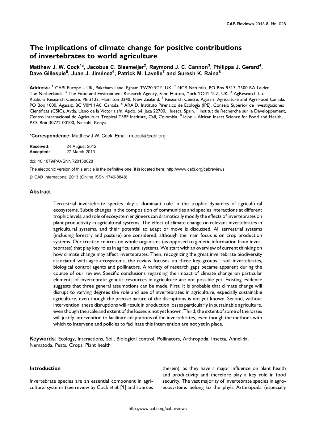 The Implications of Climate Change for Positive Contributions of Invertebrates to World Agriculture Matthew J