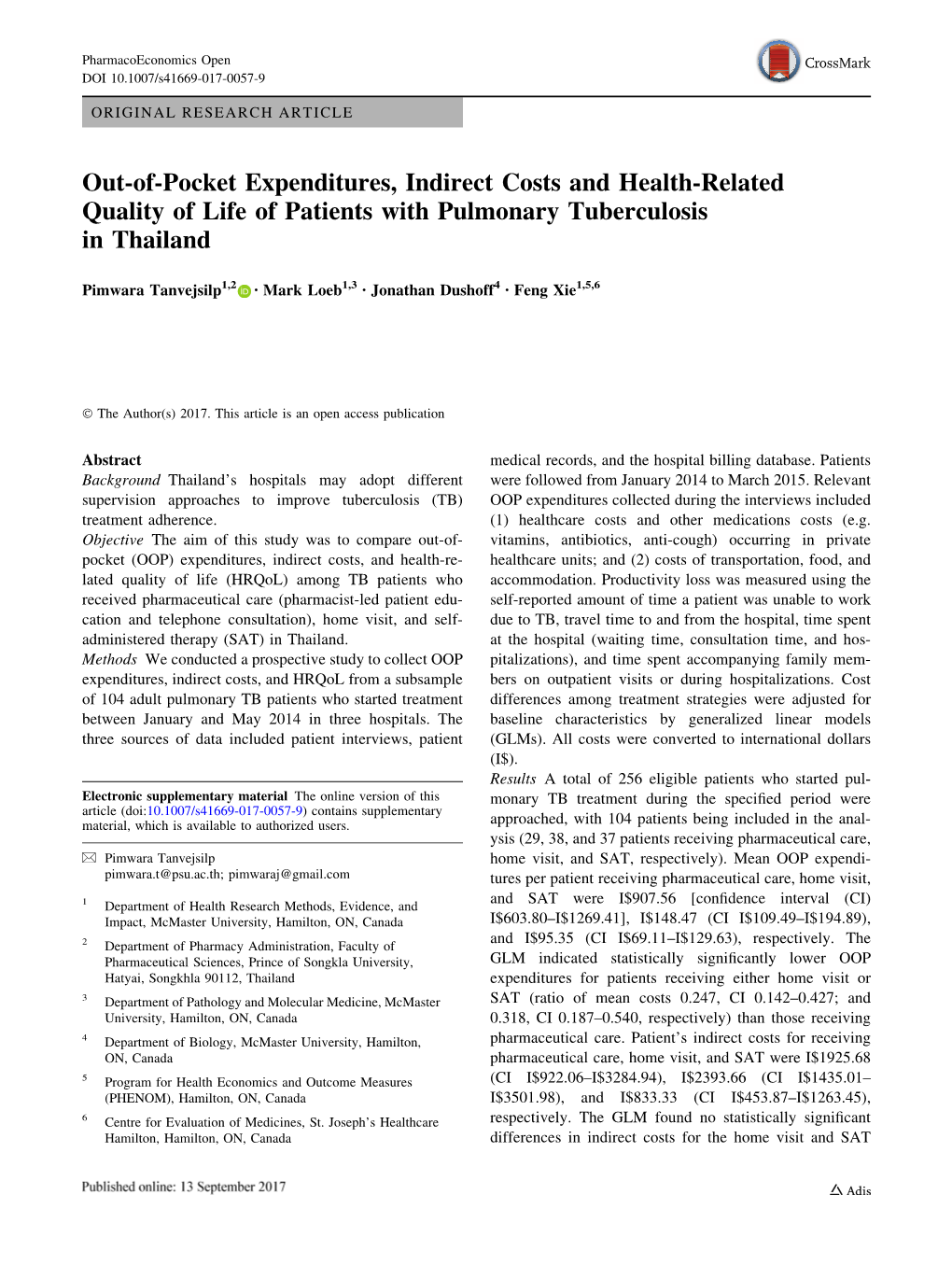 Out-Of-Pocket Expenditures, Indirect Costs and Health-Related Quality of Life of Patients with Pulmonary Tuberculosis in Thailand