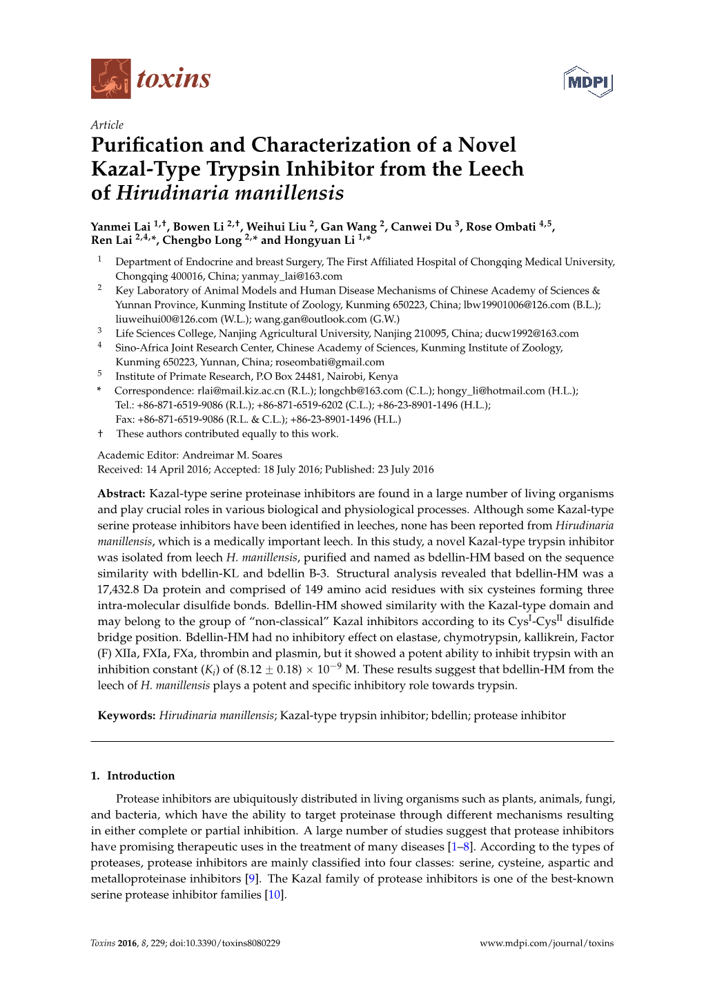 Purification and Characterization of a Novel Kazal-Type Trypsin Inhibitor