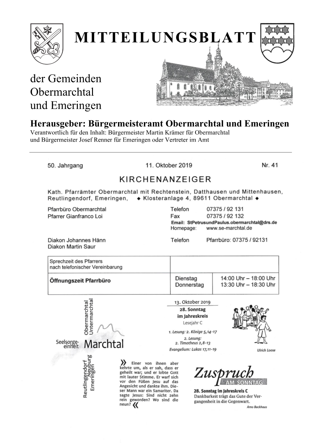 MITTEILUNGSBLATT Der Gemeinden Obermarchtal Und Emeringen