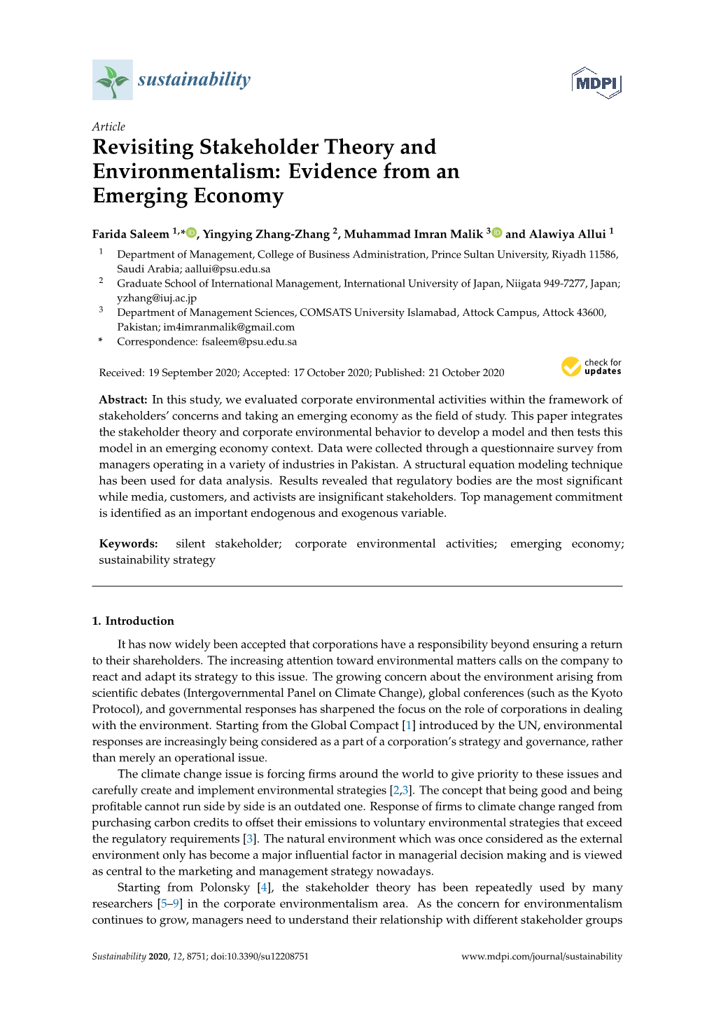 Revisiting Stakeholder Theory and Environmentalism: Evidence from an Emerging Economy