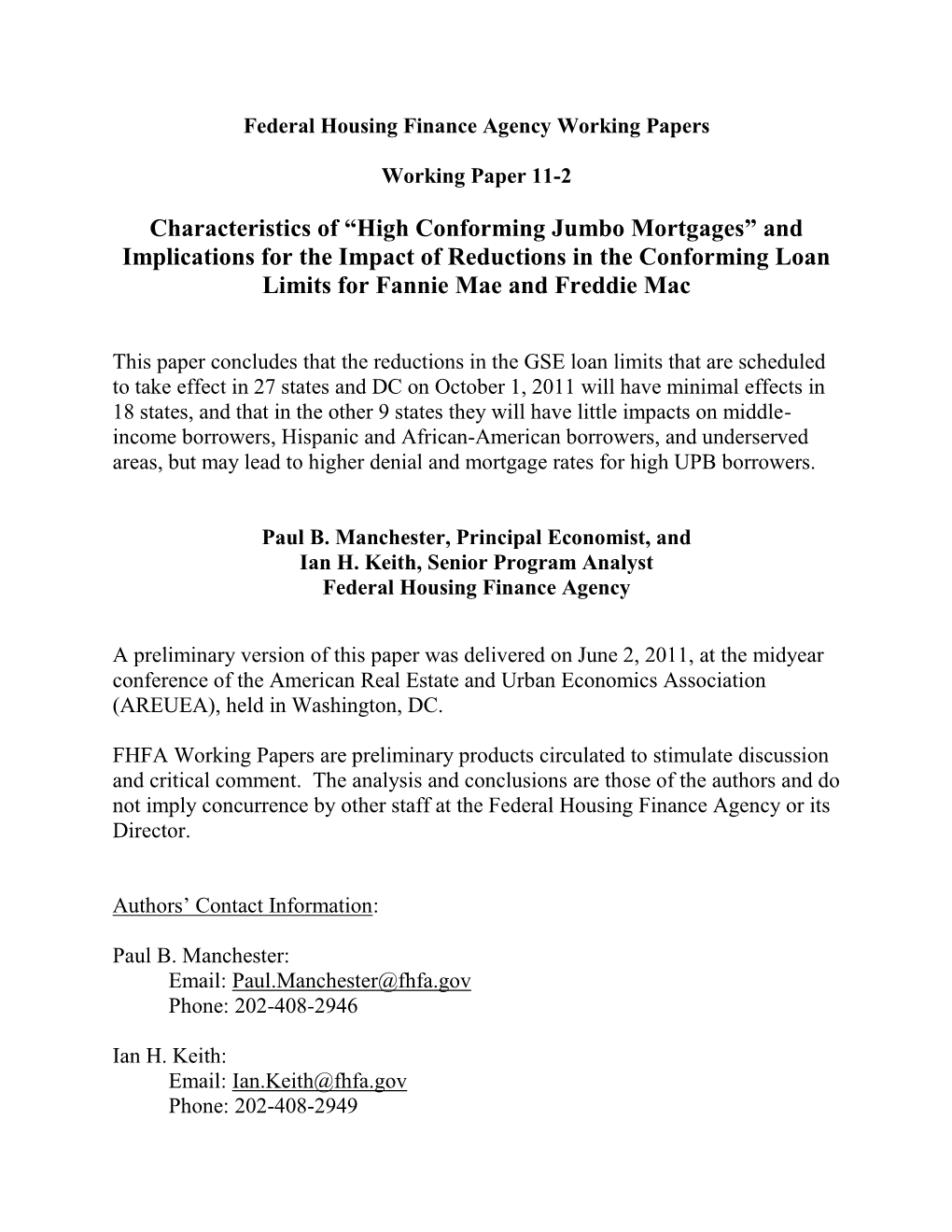 FHFA Working Paper 11-2: Characteristics of “High Conforming Jumbo Mortgages”