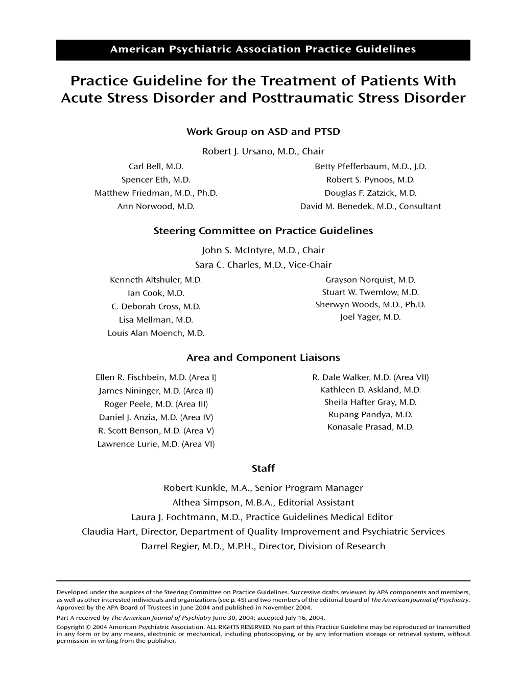 Practice Guideline for the Treatment of Patients with Acute Stress Disorder and Posttraumatic Stress Disorder