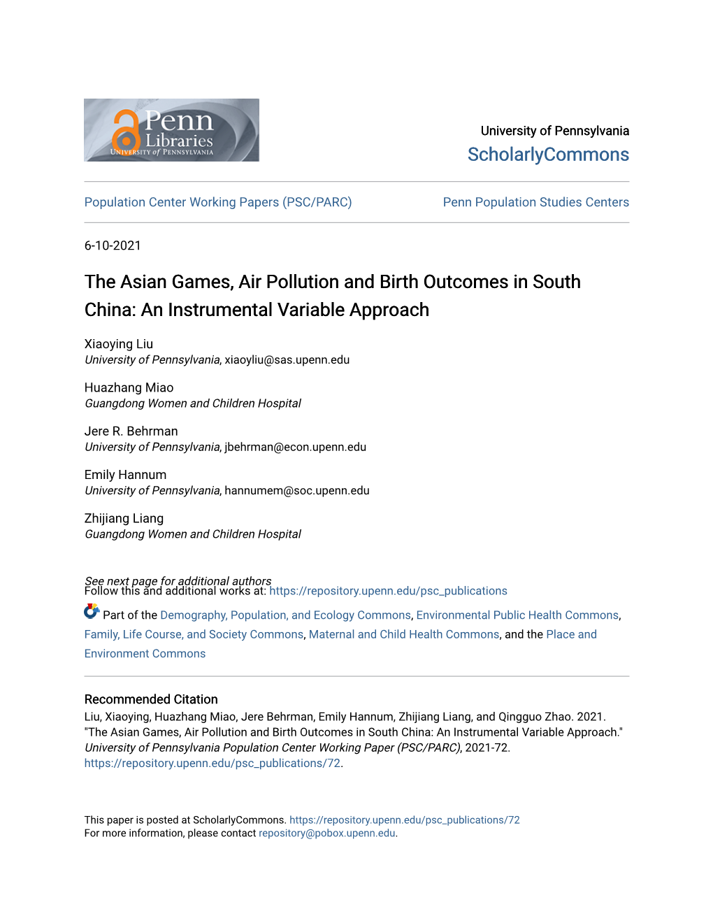 The Asian Games, Air Pollution and Birth Outcomes in South China: an Instrumental Variable Approach