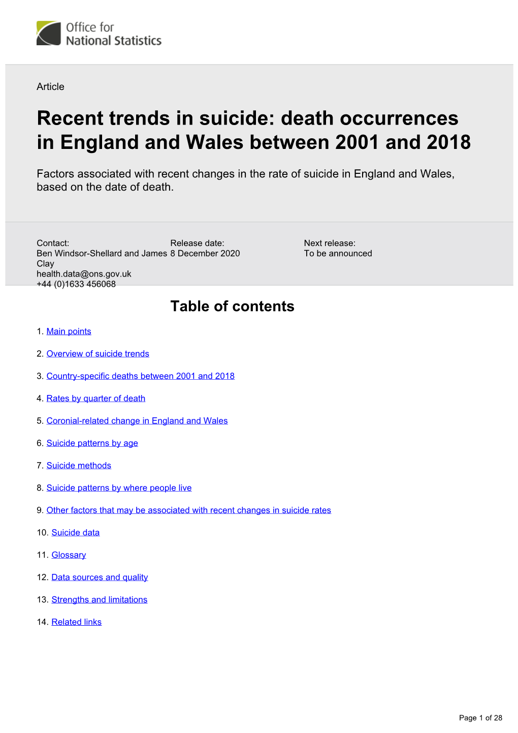 Recent Trends in Suicide: Death Occurrences in England and Wales Between 2001 and 2018