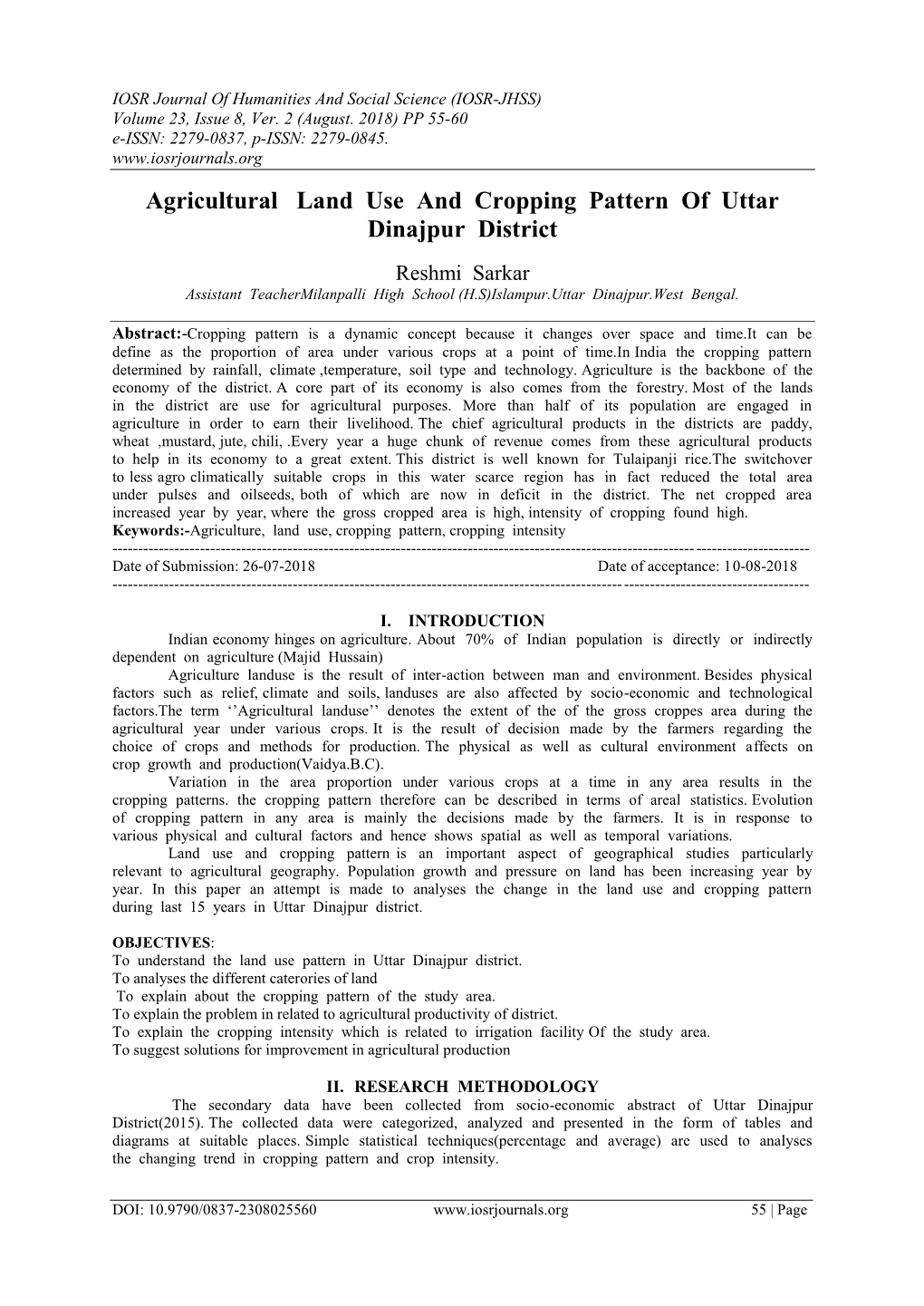 Agricultural Land Use and Cropping Pattern of Uttar Dinajpur District