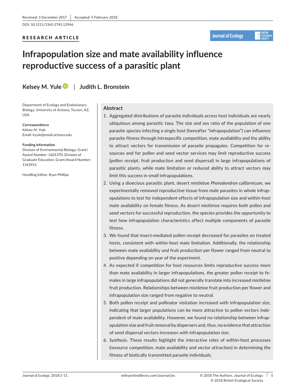 Infrapopulation Size and Mate Availability Influence Reproductive Success of a Parasitic Plant