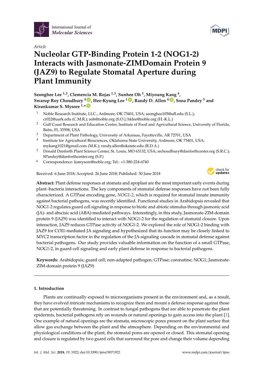 Interacts with Jasmonate-Zimdomain Protein 9 (JAZ9) to Regulate Stomatal Aperture During Plant Immunity