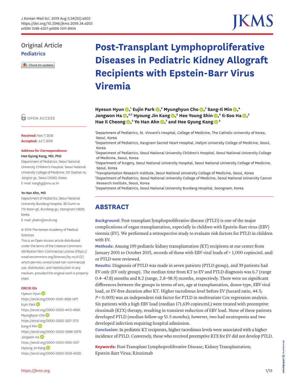Post-Transplant Lymphoproliferative Diseases in Pediatric Kidney