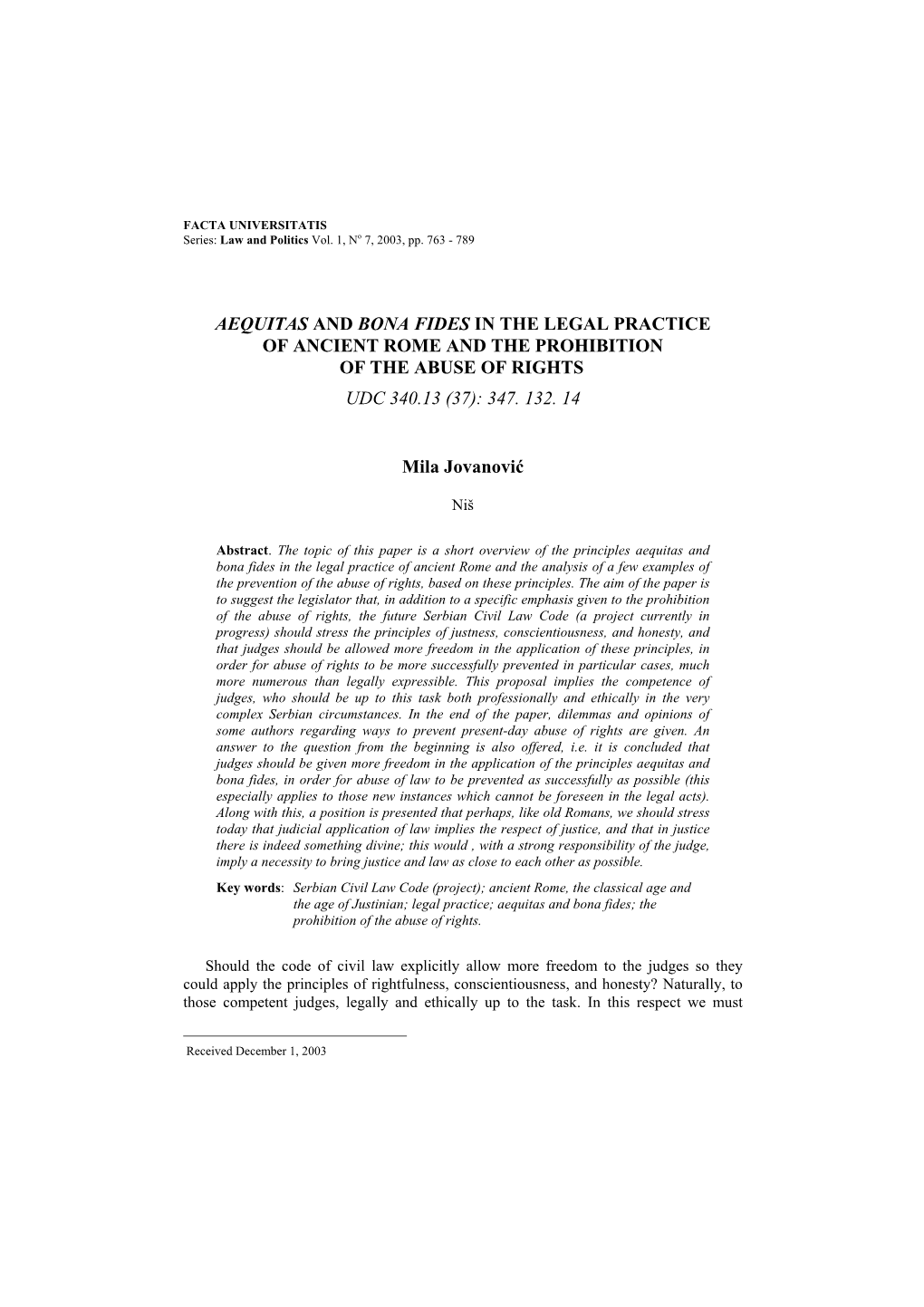 Aequitas and Bona Fides in the Legal Practice of Ancient Rome and the Prohibition of the Abuse of Rights Udc 340.13 (37): 347