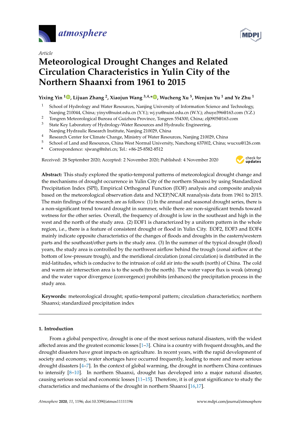 Meteorological Drought Changes and Related Circulation Characteristics in Yulin City of the Northern Shaanxi from 1961 to 2015