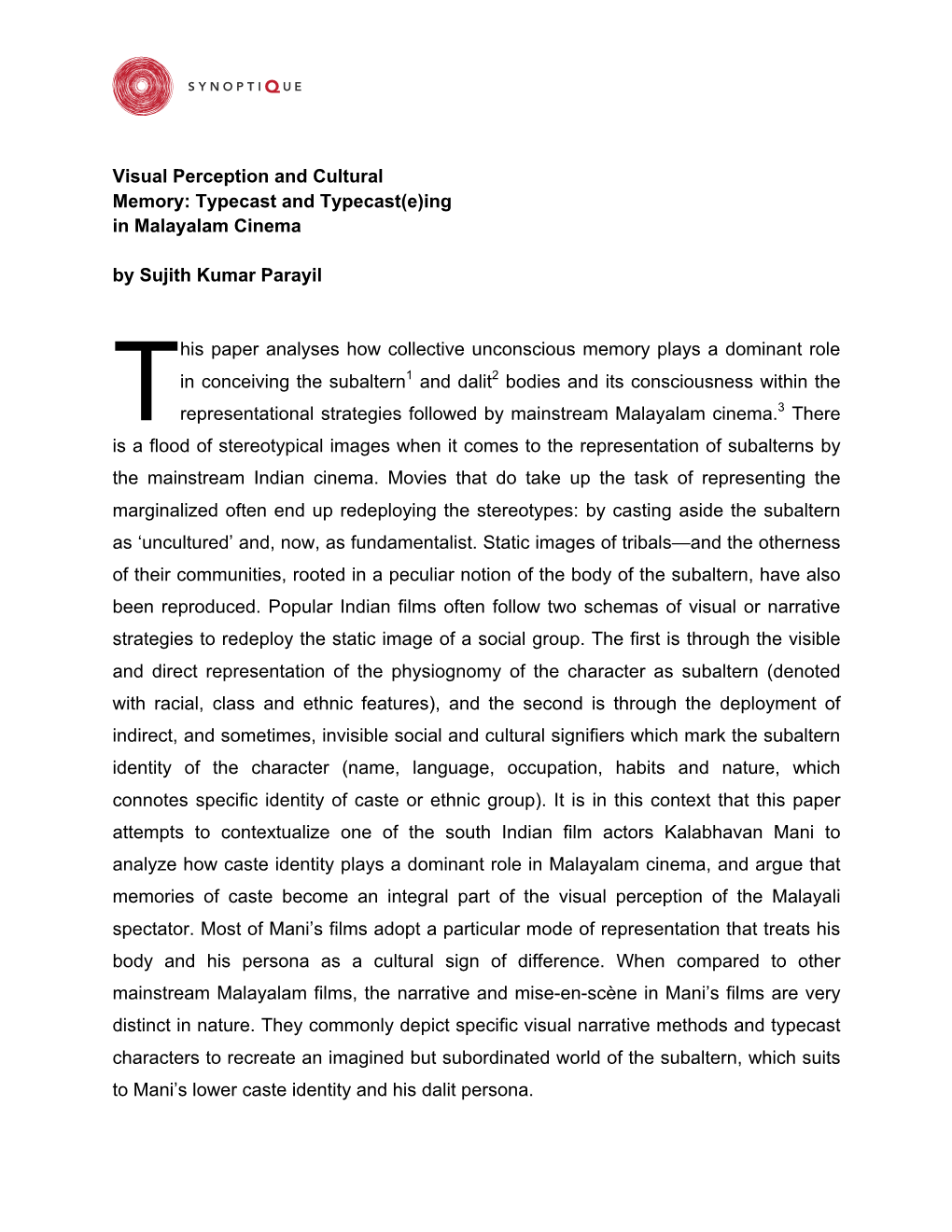 Visual Perception and Cultural Memory: Typecast and Typecast(E)Ing in Malayalam Cinema by Sujith Kumar Parayil