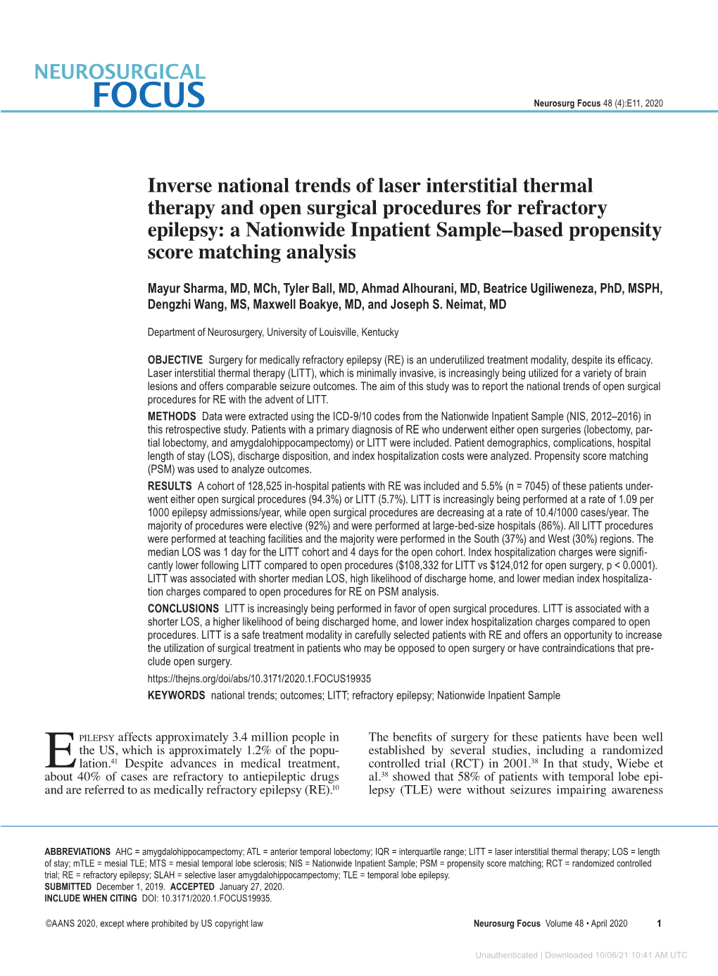 Inverse National Trends of Laser Interstitial Thermal Therapy and Open