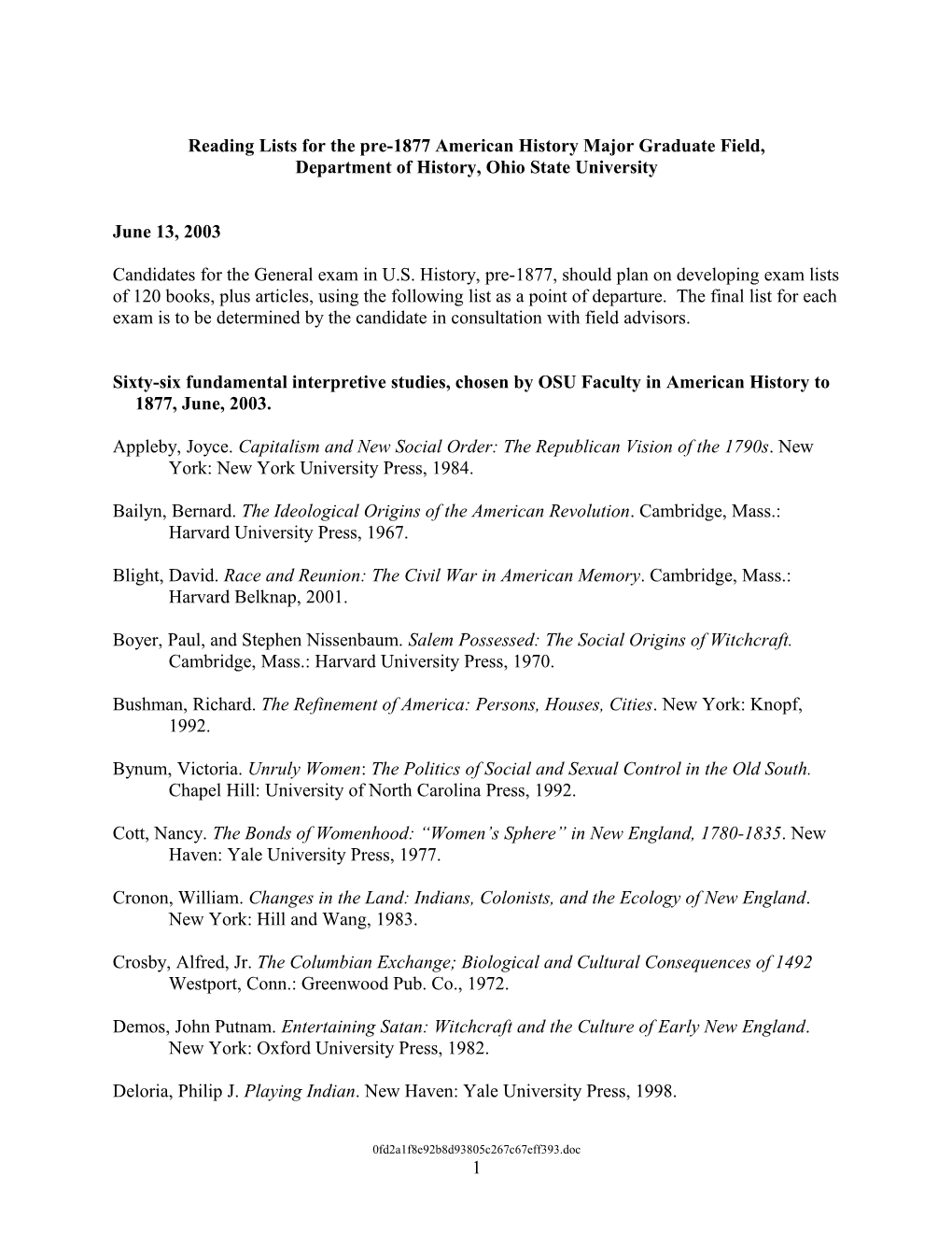 Reading Lists for the Pre-1877 American History Major Graduate Field