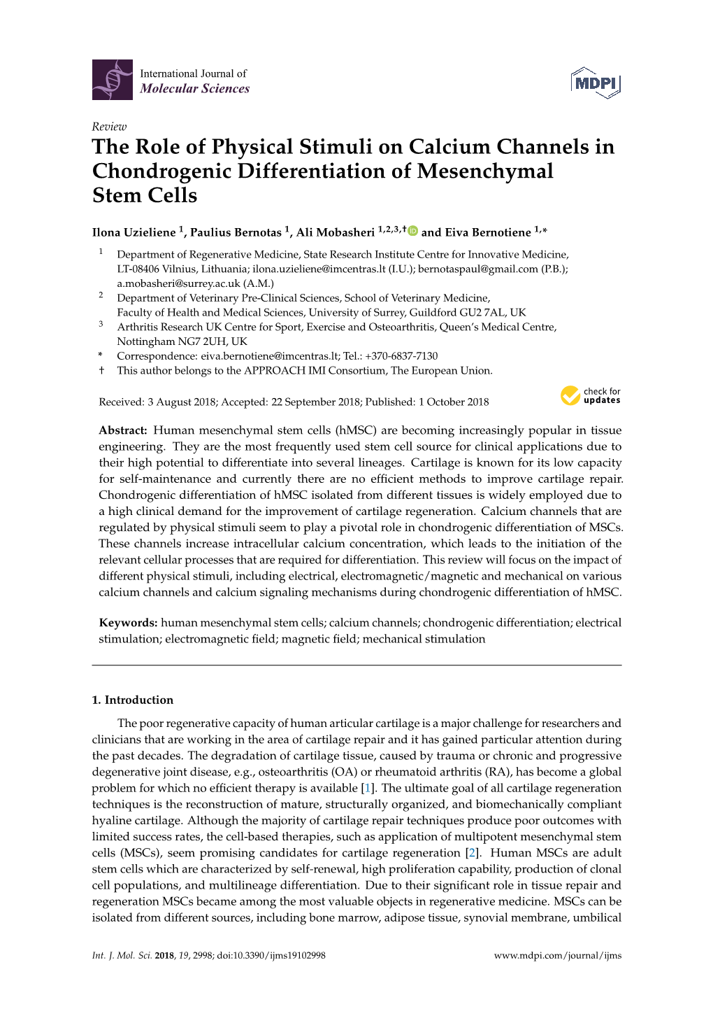 The Role of Physical Stimuli on Calcium Channels in Chondrogenic Differentiation of Mesenchymal Stem Cells