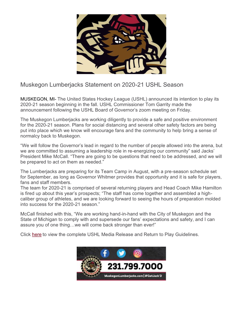 Muskegon Lumberjacks Statement on 2020-21 USHL Season
