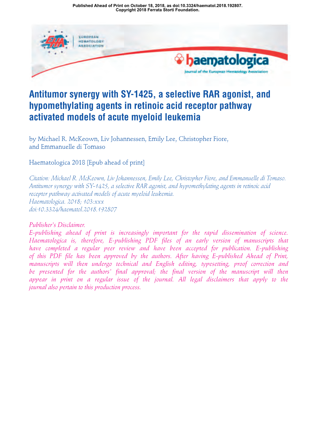 Antitumor Synergy with SY-1425, a Selective RAR Agonist, And