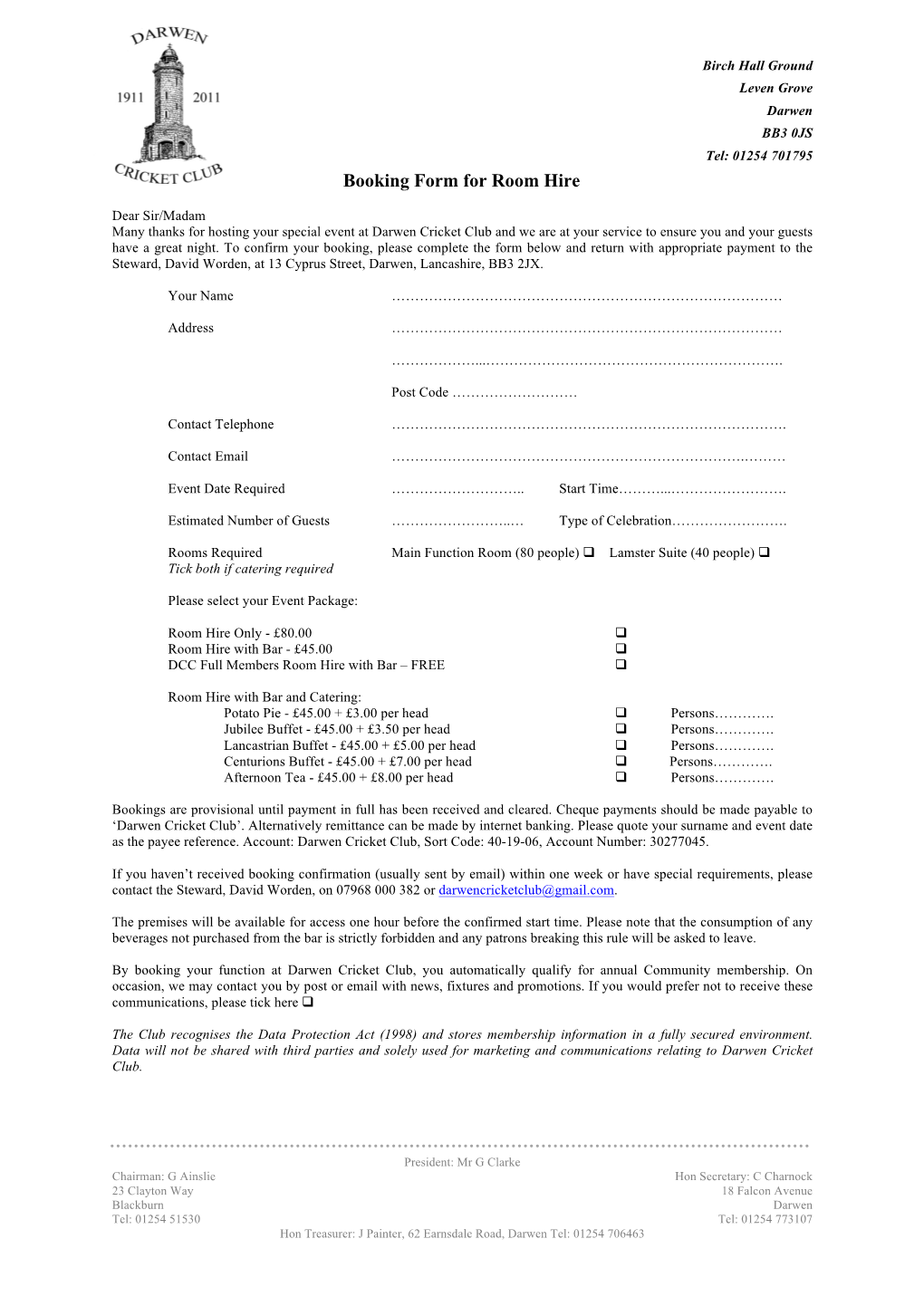 Booking Form for Room Hire