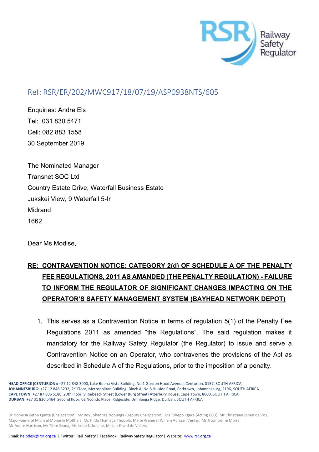 RSR Contravention Notice