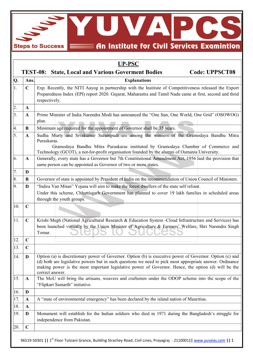 UP-PSC TEST-08: State, Local and Various Goverment Bodies Code: UPPSCT08 Q