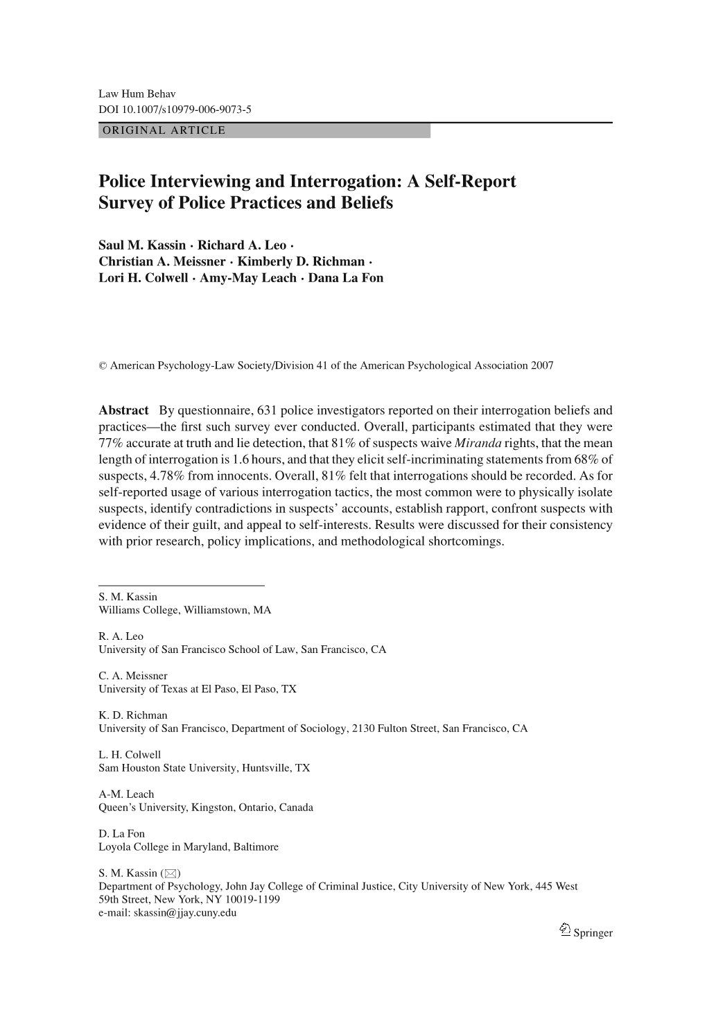 Police Interviewing and Interrogation: a Self-Report Survey of Police Practices and Beliefs