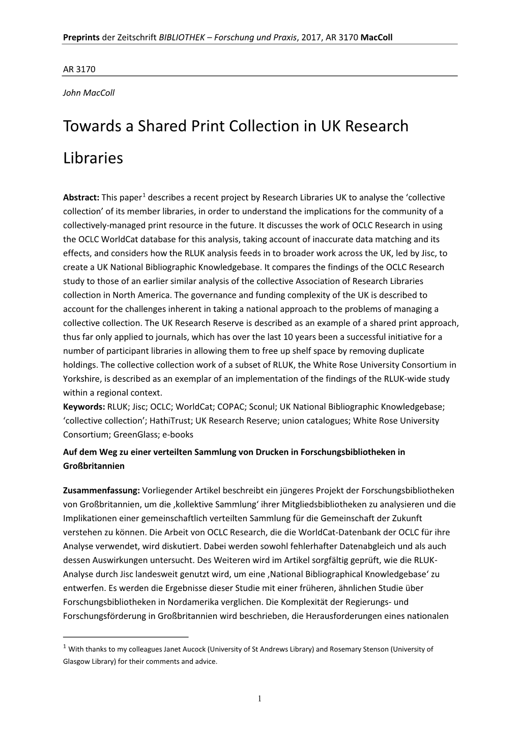 Towards a Shared Print Collection in UK Research Libraries