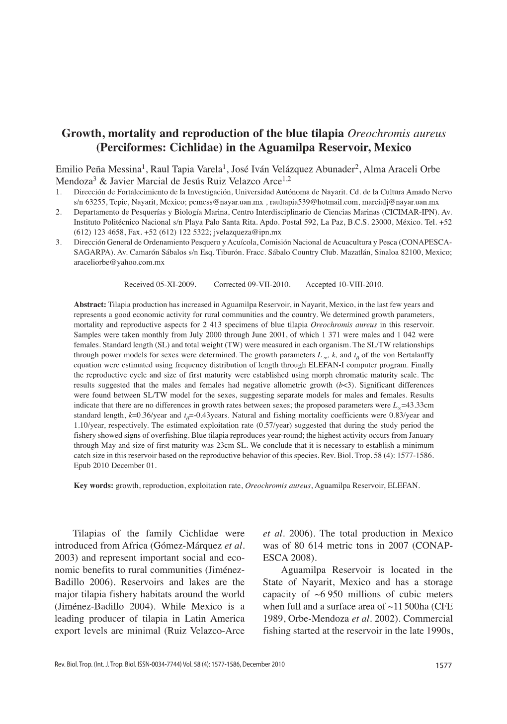 Growth, Mortality and Reproduction of the Blue Tilapia Oreochromis Aureus (Perciformes: Cichlidae) in the Aguamilpa Reservoir, Mexico