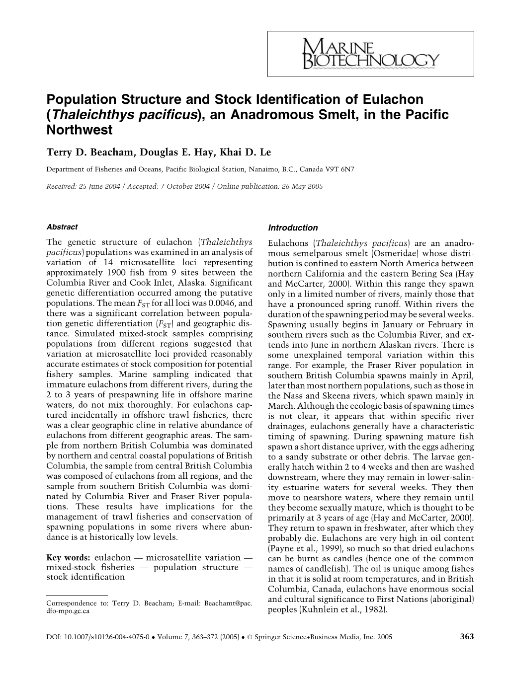 Population Structure and Stock Identification of Eulachon