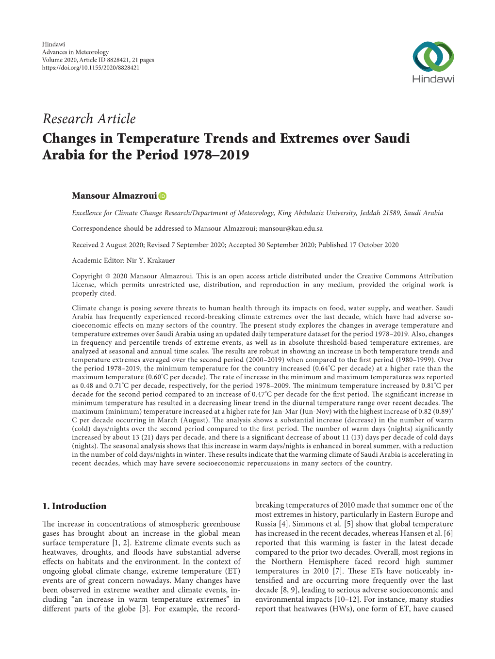 Research Article Changes in Temperature Trends and Extremes Over Saudi Arabia for the Period 1978–2019
