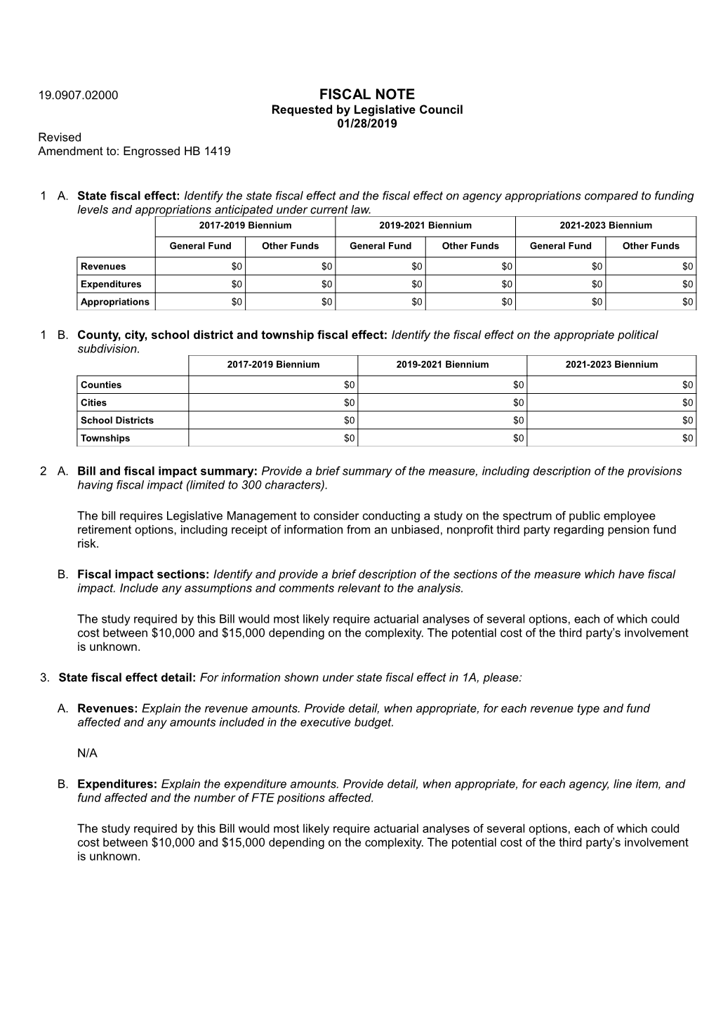 FISCAL NOTE Requested by Legislative Council 01/28/2019 Revised Amendment To: Engrossed HB 1419