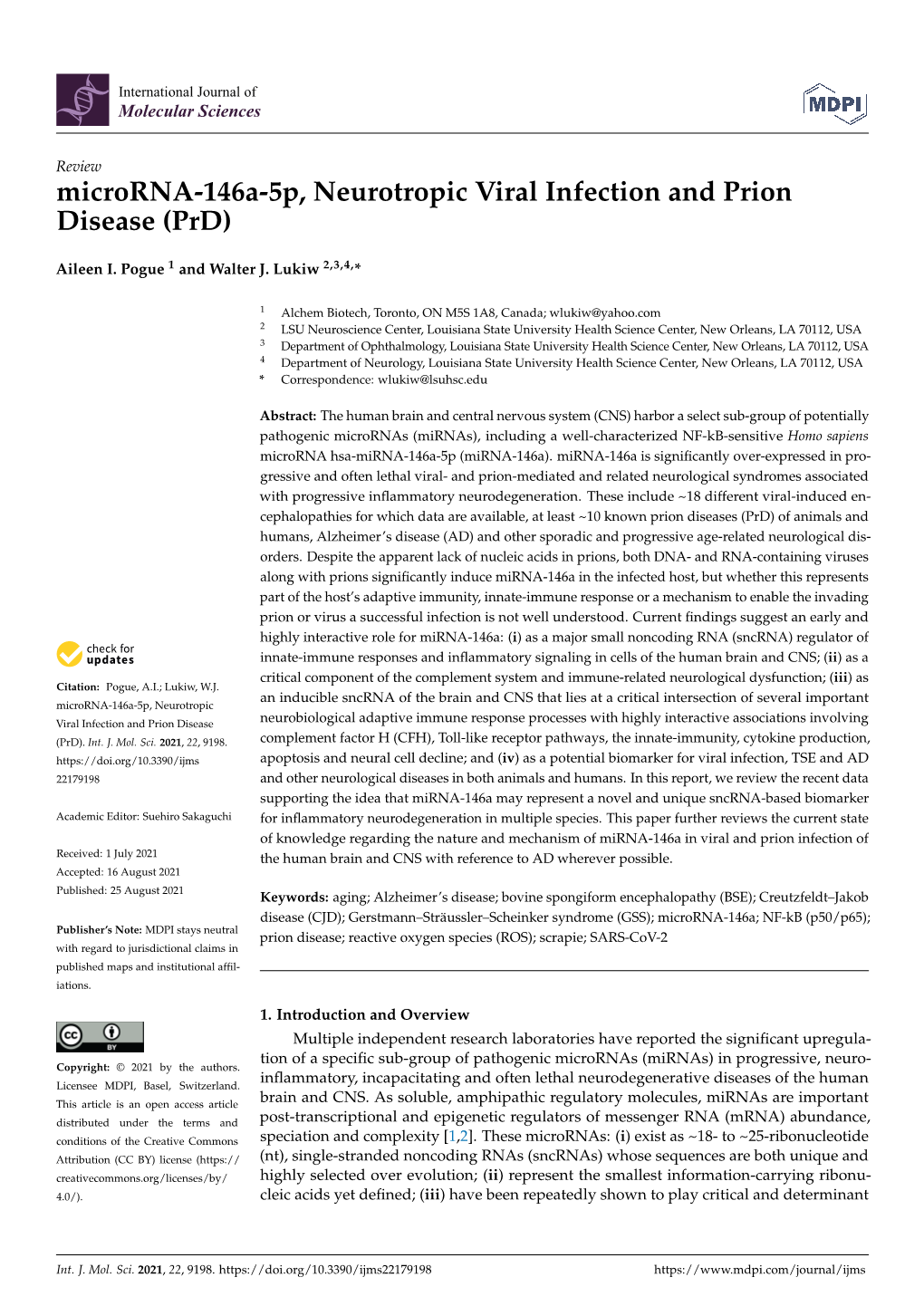 Microrna-146A-5P, Neurotropic Viral Infection and Prion Disease (Prd)