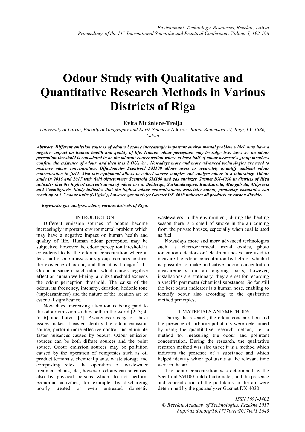 Odour Study with Qualitative and Quantitative Research Methods in Various Districts of Riga