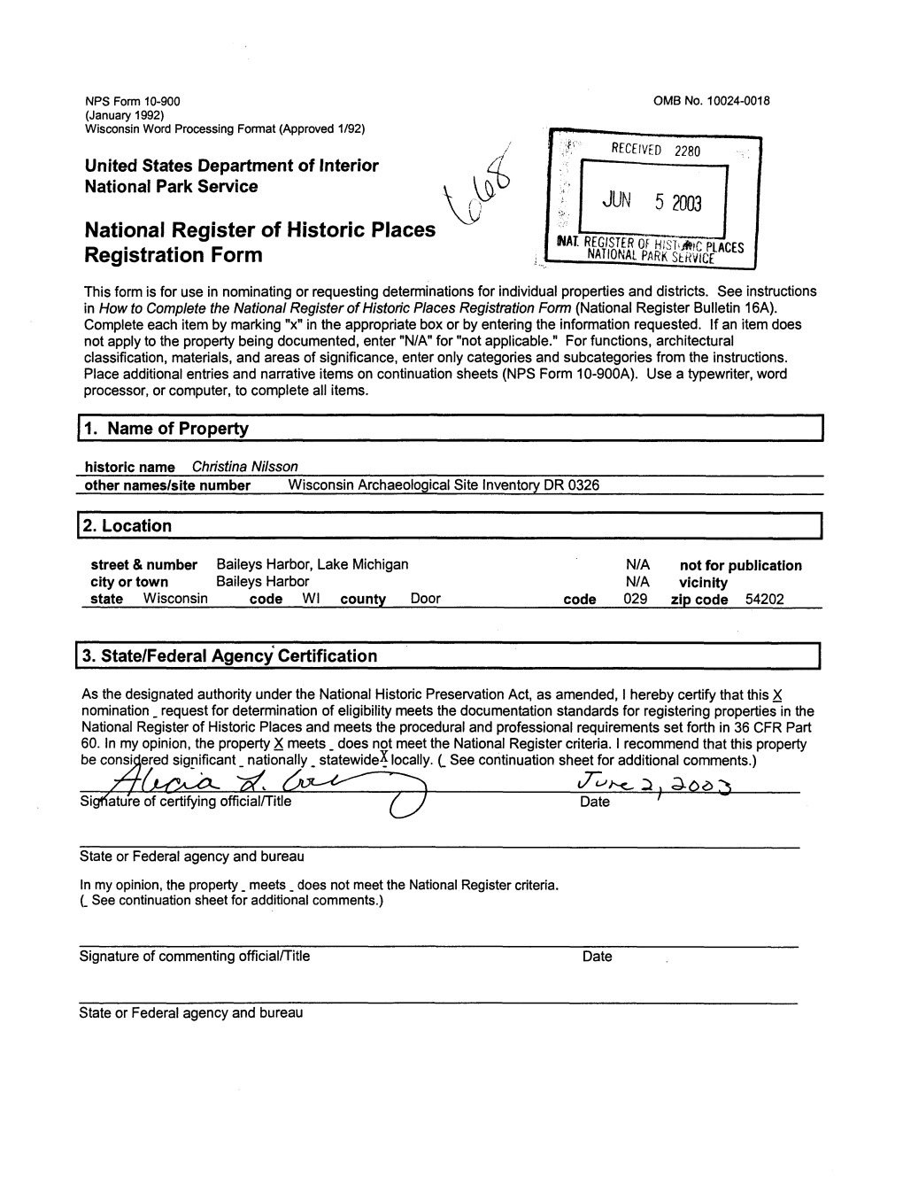 Christina Nilsson Other Names/Site Number Wisconsin Archaeological Site Inventory PR 0326