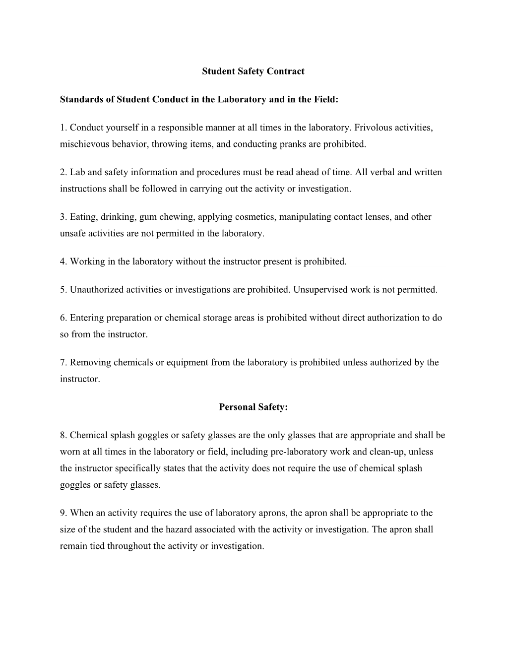 Student Safety Contract