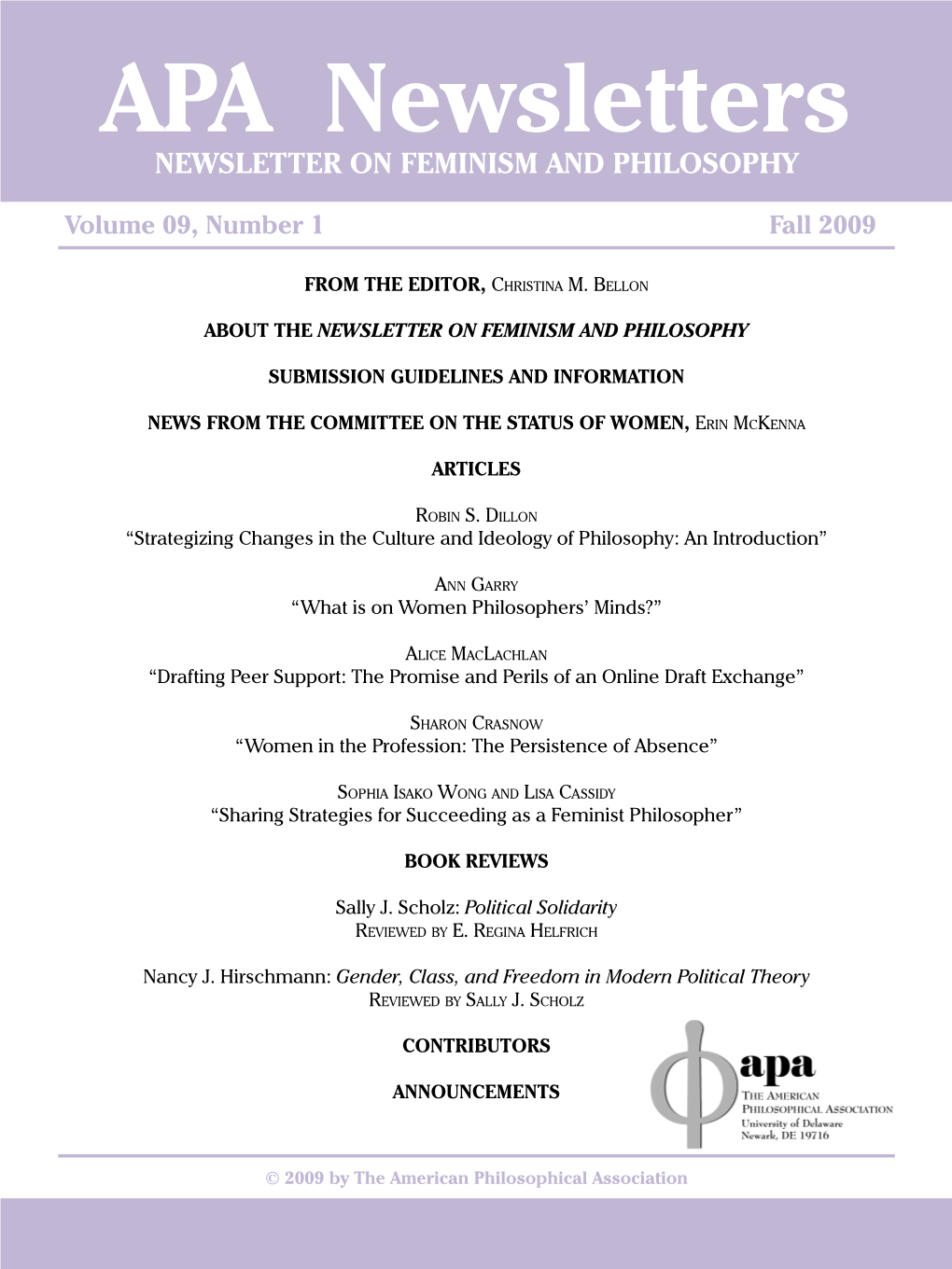 Feminism & Philosophy Vol. 09, No. 1 (Fall 2009)