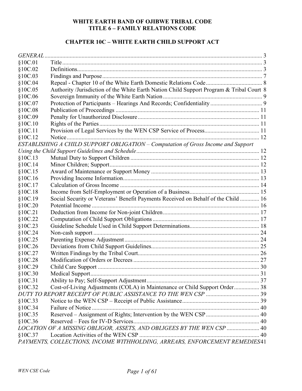 Family Relations Code Chapter 10C – White Earth Child Support