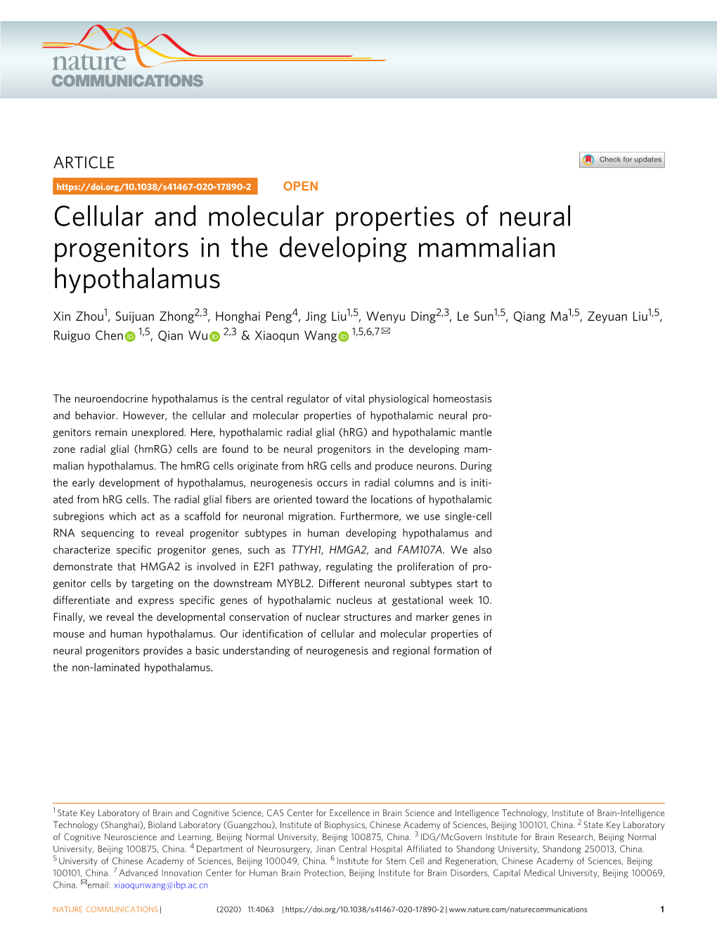 Cellular and Molecular Properties of Neural Progenitors in the Developing Mammalian Hypothalamus