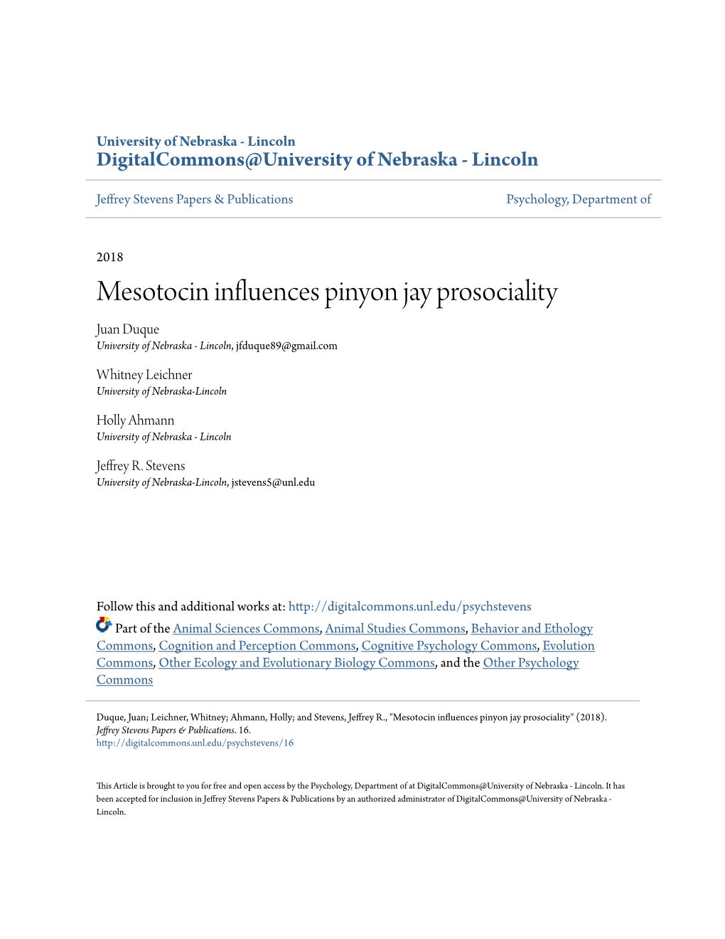 Mesotocin Influences Pinyon Jay Prosociality Juan Duque University of Nebraska - Lincoln, Jfduque89@Gmail.Com