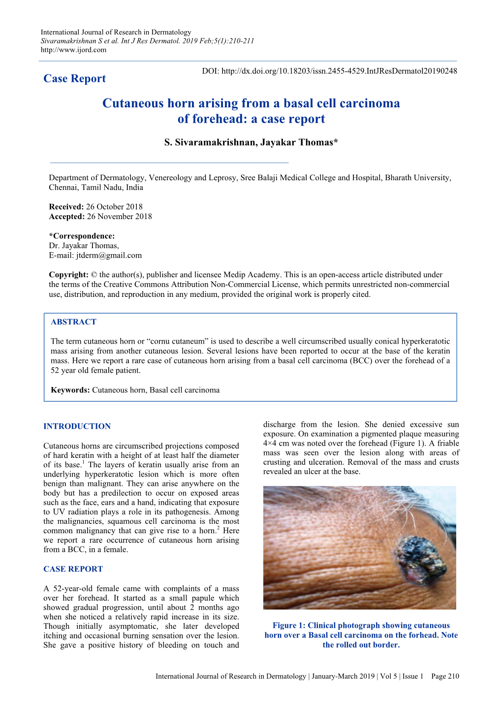 Cutaneous Horn Arising from a Basal Cell Carcinoma of Forehead: a Case Report